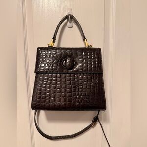 Vintage Dark Brown Crocodile-Embossed Satchel with turn knob